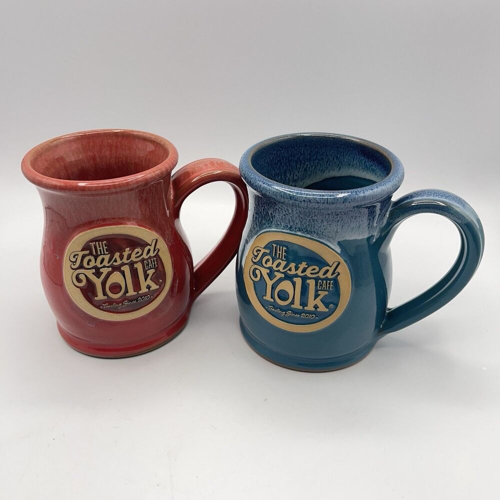 Deneen Pottery The Toasted Yolk Cafe Blue Red Stoneware Coffee Mug Set Of 2